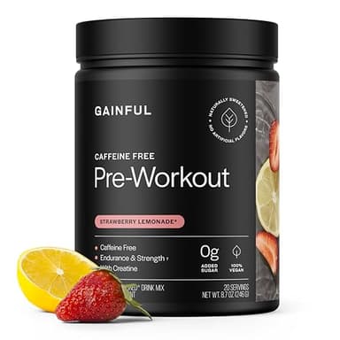 Gainful Caffeine Free Pre Workout Powder with Creatine, Strawberry Lemonade Flavor, Supports Strength, Endurance, & Recovery, BCAAs, Beta Alanine, L-Citrulline, No Artificial Ingredients, 20 Servings