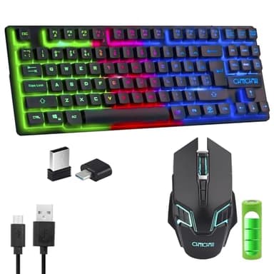 Gaming Wireless TKL Keyboard Mouse Combo Rechargeable LED Backlit Tenkeyless Compact 87 Keys 6 Button for Computer Laptop PS4 PS5 Switch Compatible with Windows XP/7/8/10 iMac MacBook Xbox one X