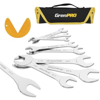 GRENPRO Super-Thin Metric Wrench Set, Open End Wrench Set, 9PCS 5.5, 7, 8, 9, 10, 11, 12, 13, 14, 17, 19, 21, 22,23,24,27mm, Slim Spanner Organizer Rolling Pouch with Gauge, Small Wrenches Tools Sets