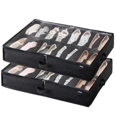VEVOR Under Bed Shoe Storage Organizer, Set of 2, Total 32 Compartments, Underbed Shoes Closet Storage Solution with Clear Window, Breathable, Foldable Fabric Container Box with Reinforced Handles