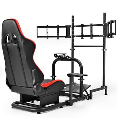 Dardoo Racing Simulator Cockpit Vertical Bracket with Triple Monitor Stand and Red Seat Fit for Logitech/Thrustmaster/Fanatec G29 G920 G923 T300RS CSL-DD