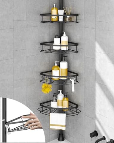 SEIRIONE Corner Shower Caddy Tension Pole, Rustproof Bathroom Shower Organizer Corner, 4-Tier Adjustable Bathroom Shelf, Solid Rack Ideal for Bathtub Storage, 34 to 116 Inch Height, Black