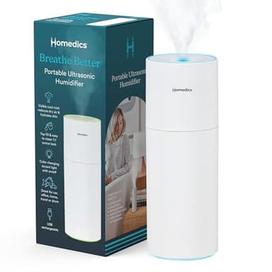 Homedics Portable Humidifier - Small Air Humidifiers for Bedroom, Plants, Office, Travel - Cool Mist Humidifiers, Color-Changing Accent Light, 2 Mist Settings, White