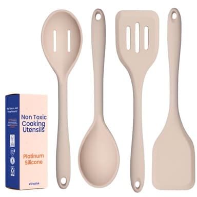 Non-Toxic Platinum Silicone Kitchen Utensil Set of 4 – Non-Scratch Cooking Spoon & Spatula, 100% Plastic Free, Stainless Steel Core, Heat Resistant 500°F, Beige
