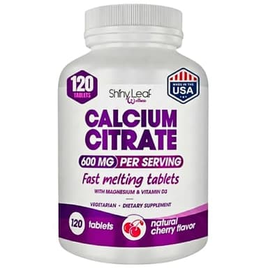 Shiny Leaf Calcium Citrate 600mg with Vitamin D3 & Magnesium - Fast Melting Bariatric Calcium for Post Surgery - Smooth Dissolving, Non-Chalky Alternative to Chewable Chews - Cherry, 120 Ct