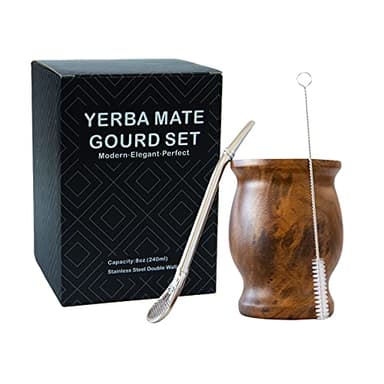 LA FEE Yerba Mate Natural Gourd/Tea Cup Set Brown (Original Traditional Mate Cup - 8 Ounces)，Includes Yerba Mate Straw & Cleaning Brush，Stainless Steel | Double-Walled | Easy to Clean (Brown)