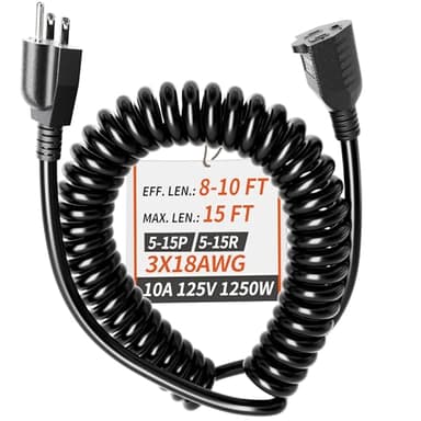 PlugSaf 18/3 Gauge Black Coiled Extension Cord 15 ft Indoor Waterproof, Flame Retardant, Flexible 3 Prong Coiled Spiral Power Cord for Charging Electric Pallet Tucks, 10A 1250W 18AWG, ETL Listed