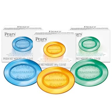 Pears Soap, Pure & Gentle Glycerin Soap Variety 3-Pack – Blue with Mint, Green with Lemon Flower Extract, and Amber with Natural Oils, 4.4 Oz Each