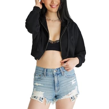 Aeropostale Cropped Full Zip Relaxed Fit Hoodie, Dark Black, Medium