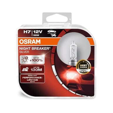 OSRAM NIGHT BREAKER SILVER H7, 100% more brightness, halogen headlamp, 64210NBS-HCB, 12V, passenger car, duo box (2 lamps)