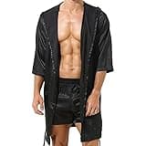YUFEIDA Men's Satin Robe Silky Bathrobe with Shorts Lightweight Sleepwear Luxurious Pyjama Set Hooded Nightgown with Shorts