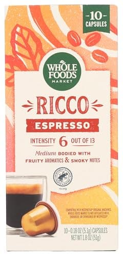 Whole Foods Market, Ricco Espresso Pods, Medium Bodied, Fruity Aromatics & Smoky Notes, 10 Count
