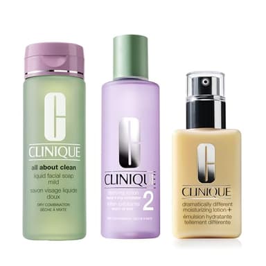 Clinique 3-Step All About Clean Liquid Face Soap, Clarifying Lotion Face Exfoliator and Dramatically Different Lotion+ For Dry to Dry Combination Skin Types Full Size Set
