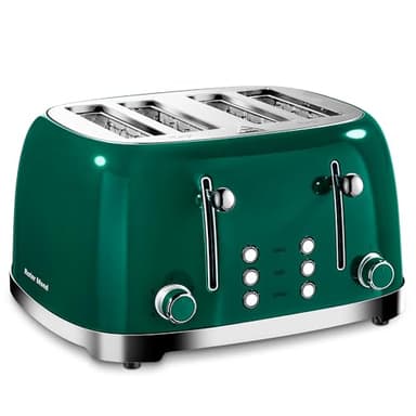 Roter Mond 4 Slice Toaster Retro Stainless Steel with Bagel Defrost Cancel Function, 6 Browning Settings, Extre Wide Slot and Removable Crumb Tray, Green, ST033