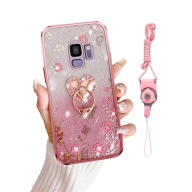 Motadalo for Samsung Galaxy S9 Case, Galaxy S9 Case TPU Crystal Butterfly Heart Floral for Women Magnetic Shockproof with Kickstand & Wrist Strap(Glitter Rose)