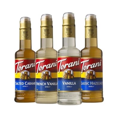 Torani Flavored Drink Syrup Café Variety Pack, Vanilla, Salted Caramel, Classic Hazelnut & French Vanilla, 12.7 fl oz (Set of 4)