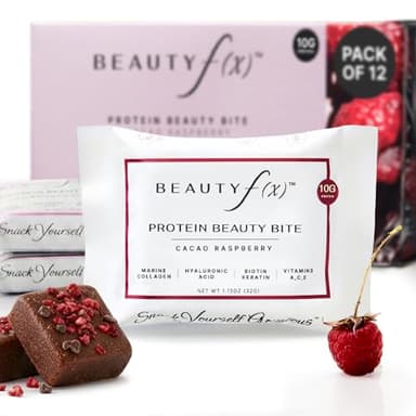 Beauty f(x) Protein Beauty Bites - Collagen Bars – Cacao Raspberry Collagen Protein Bars for Women – 10g Protein, 120 Calories, No Added Sugar – Supports Skin, Hair, and Nails
