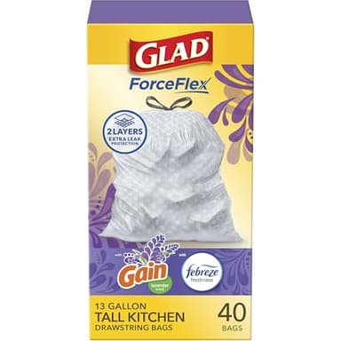 Glad ForceFlex Tall Kitchen Trash Bags, 13 Gal, Gain Lavender with Febreze, 40 Ct (Pack May Vary)