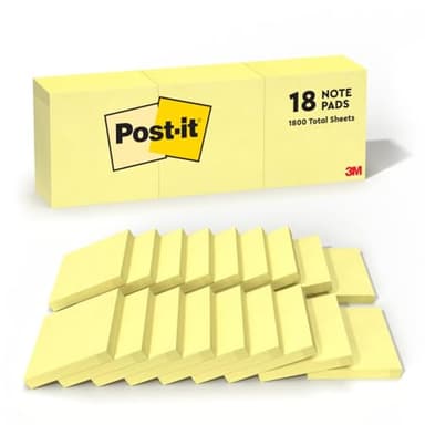 Post-it Notes, 3 in x 3 in, 18 Sticky Notes Pads, 100 Sheets per Pad, The Iconic Canary Yellow Note, School Supplies and Oﬃce Products