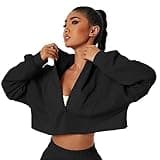 HerGymClothing Womens Cropped Sweatshirt Long Sleeve Half Zip Loose Workout Crop Athletic Jacket (Black, M)