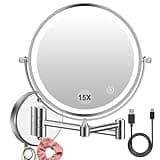 Amelar 1X/15X Wall Mounted Makeup Mirror with Hook, USB Rechargeable LED 3 Color Lights Two Sided 8 Inch Magnifying Mirror, Touch Switch Intelligent Shutdown 360° Vanity Mirror for Bathroom Hotel