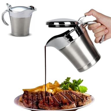 Stainless Steel Insulated Gravy Boat with Lid – 450ML/16OZ Double Insulated Gravy Pitcher for Hot & Cold Sauces – Sauce Jug with Hinged Lid, Ideal for Gravy or Cream at Thanksgiving, Gravy Pitcher