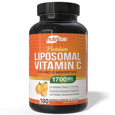 NutriFlair Liposomal Vitamin C 1700mg, 180 Capsules - High Absorption, Fat Soluble VIT C, Higher Bioavailability Immune System Support & Collagen Booster, Non-GMO, Vegan Pills