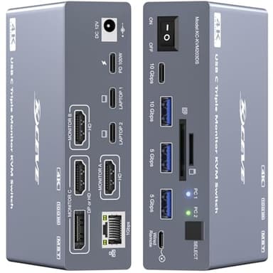 USB C KVM Switch 3 Monitors 2 Laptops 4K@60Hz, Displaylink USB C Docking Station 3 Monitor KVM for Windows Mac M1 M2 M3 M4, Extended Triple Displays,PD 100W,USB 3.0,USB 3.2,SD/TF,1G Ethernet