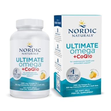 Nordic Naturals Ultimate Omega + CoQ10, Lemon - 120 Soft Gels - 1280 mg Omega-3 + 100 mg CoQ10 - Heart Health, Cellular Energy, Antioxidant Support - Non-GMO - 60 Servings