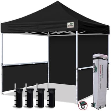 Eurmax USA 10'x10' Pop-up Booth Canopy Tent Commercial Instant Canopies with 1 Full Sidewall & 2 Half Walls and Roller Bag, with 4 SandBags + 2 Cross-Bar (Black)