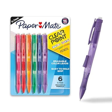 Paper Mate Clearpoint Mechanical Pencils, 0.7mm Color Lead, Erasable, Refillable, 6 Count - Vibrant Colors, Comfortable Grip, Fun Office Supplies