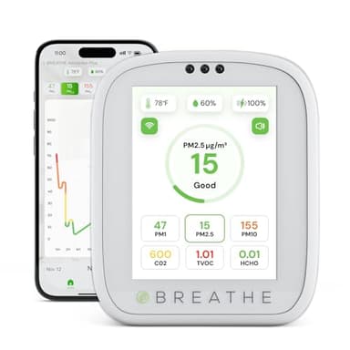 BREATHE Airmonitor Plus: Smart Air Quality Monitor Indoor - 8-in-1 CO2 Meter, Formaldehyde Detector, VOC Meter, PM1/2.5/10, Temperature & Humidity - Air Quality Tester for Home with App