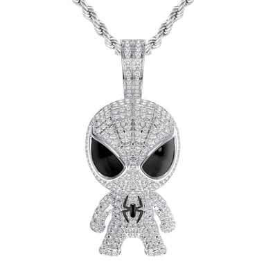 HELLOICE Cartoon Superhero Spider Pendant for Men 5A Cubic Zirconia Iced Out Spiderman Necklace with 3mm 24inches Rope Chain Hypoallergenic Anime Penndant Cool Jewelry Gift (Silver)