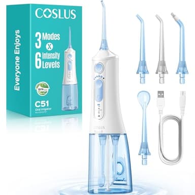 COSLUS C51 Portable Water Flosser for Teeth: 3 Modes & 6 Pressure Settings with Jet Mode Water Dental Pick for Orthodontic, Braces, Sensitive Gums, Compact for Travel, 300ML for Multiple Users, White