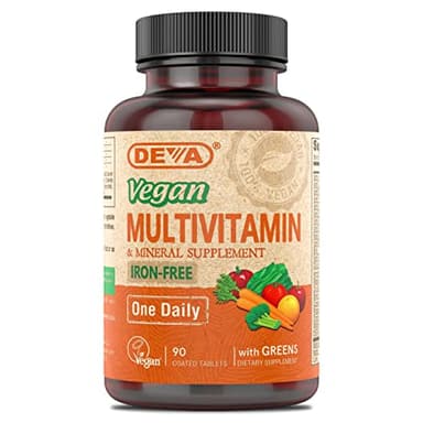 DEVA Vegan Iron-Free Multivitamin & Mineral Supplement, Green Food Blend, Spirulina, Chlorella, Ashwagandha, Broccoli, 90 Coated Tablets