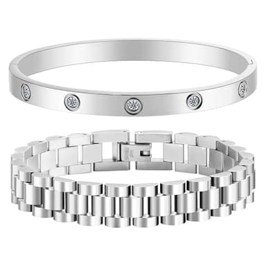 ISELBDR 18K Gold Plated Stackable Love Bangle Bracelets for Women,Silver Chain Link Watch Bracelet,Non-Tarnish Jewelry with Adjustable Tool.(2pcs-A Silver)