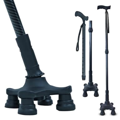 Dr. Aid FourPod Walking Cane for Men & Women Premium Carbon Fiber Black Cane Foldable & Adjustable Heavy-Duty 4 pronged Walking Stick for Seniors Supports (35.5 inch)