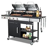 Gas and Charcoal Combo Grill with Side Burner, 37,230 BTU Outdoor BBQ Grill with Porcelain-Enameled Cast Iron Grates and Griddle Plate, Thermometer, Storage Cabinet Rack for Patio, Garden, Backyard