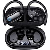 GNMN Ear Buds Wireless Earbuds 96hrs Playback Bluetooth Headphones IPX7 Waterproof Stereo Bass Over-Ear Earphones with Earhooks Microphone LED Battery Display for Sports/Workout/Gym/Running Black