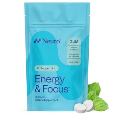 Neuro Energy & Focus Gum - 40mg Natural Caffeine Gum & Nootropic Energy Supplement with L-Theanine & B Vitamins - Sugar Free, Vegan - Peppermint, 90ct