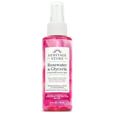 HERITAGE STORE Rosewater & Glycerin Hydrating Facial Mist - Dry Combination Skin Care - Rose Water Spray w/ Vegetable Glycerine, Made Without Dyes or Alcohol, Hypoallergenic, Vegan, Cruelty Free, 4oz