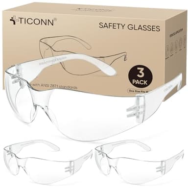 TICONN 3 Clear Safety Glasses for Men, Safety Goggles with Scratch Impact Resistant Meets ANSI Z87.1 Standard (3 Pack)