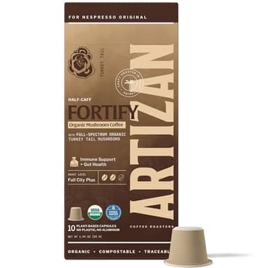 Artizan Organic Turkey Tail Mushroom Coffee Pods for Nespresso Original Line | Half-Caff | Daily Defense + Gut Health | 10 Compostable Espresso Capsules