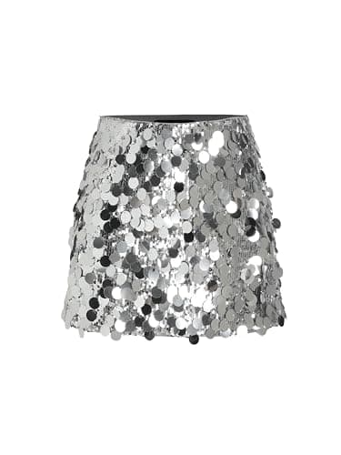 CIDER Sequin Mid Waist Sparkle Skirt Party Club Night Out Mini Skirt for Women Trendy Silver