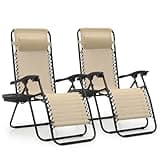 MoNiBloom Zero Gravity Chairs Set of 2 Outdoor Folding Patio Lounge Chairs for Outside Reclining Lawn Chairs Recliner Beach Chairs for Adults, Cream