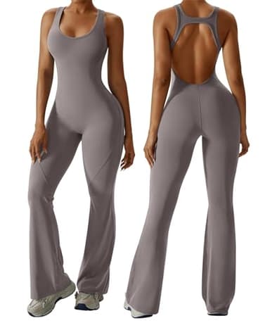 OEAK Womens Flare Jumpsuit Tummy Control Cutout Romper Workout Outfits Sleeveless Unitard Seamless One Piece Backless Bodycon Flaxen S