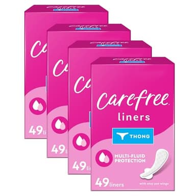 Carefree Panty Liners for Women, Thong Liners, Unwrapped, Unscented | Pantiliners, Carefree Liners, Daily Liners for Women, Light Periods and Leaks | 196ct (4 Packs of 49ct) (Packaging May Vary)