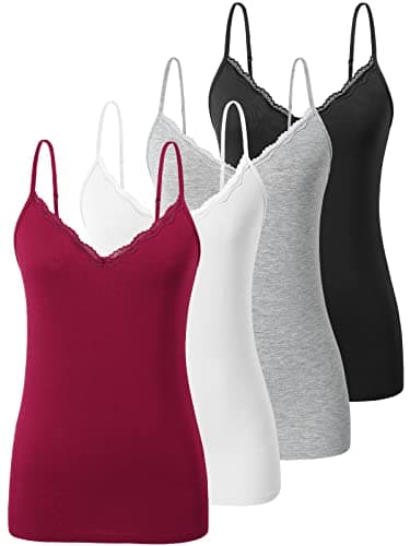 Vislivin Plain Camisole for Women Lace Tank Tops V Neck Adjustable Cami Sexy Undershirts 4 Pack Black/White/Gray/Wine Red XL
