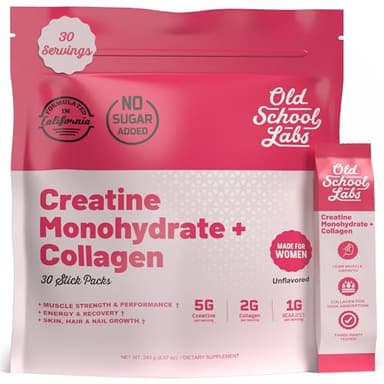 Old School Labs Creatine Stick Packs for Women | 5000mg Creatine Monohydrate, 2000mg Collagen & BCAA 2:1:1 for Lean Muscle, Booty Growth & Recovery | No Bloat Workout Supplement, 30 Travel Packs