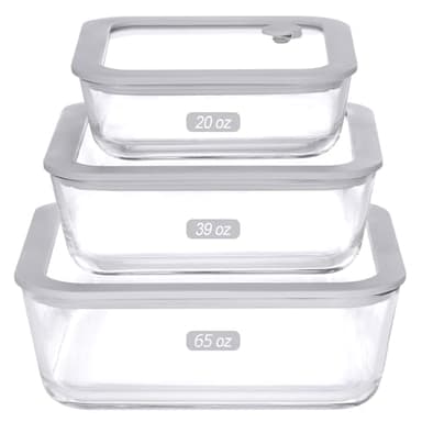 EcoEvo Glass Food Containers with Glass Lid, Microwave Safe Food Storage Container Set, 3 Pack, Square Shape, Food Containers with Lids, Meal Prep containers with Leak Proof Lid.